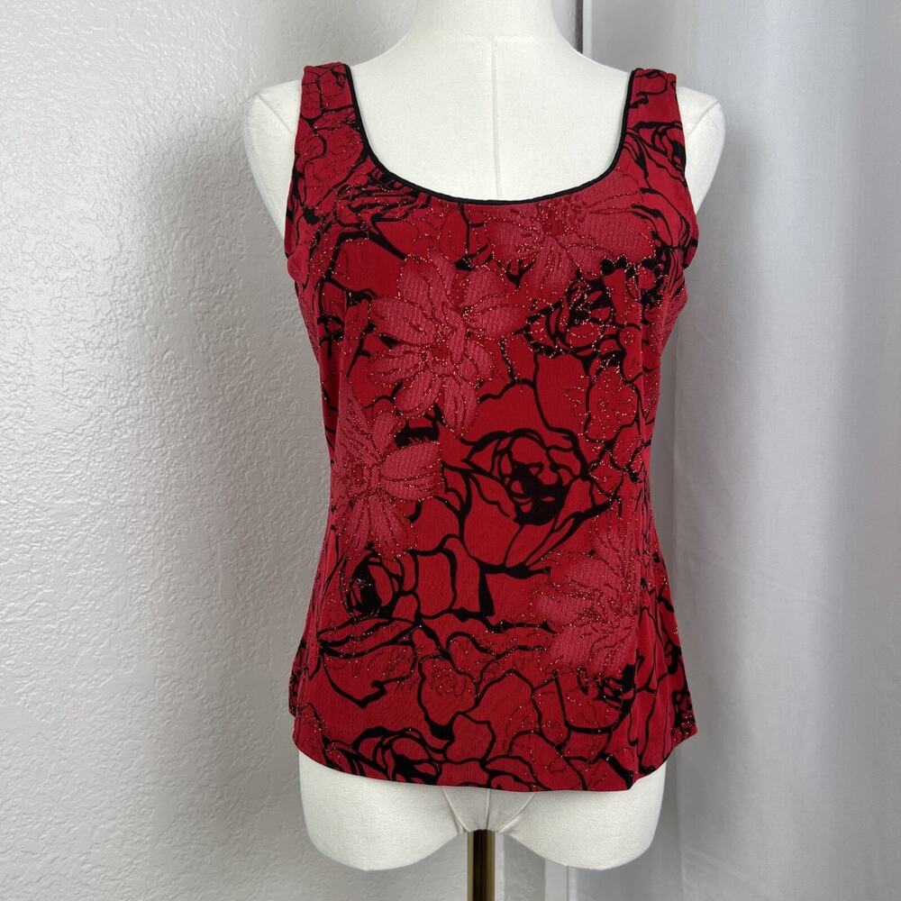 VTG Alex Evenings Top Womens Medium Red Floral Glitter Y2K‎ Whimsigoth Romantic